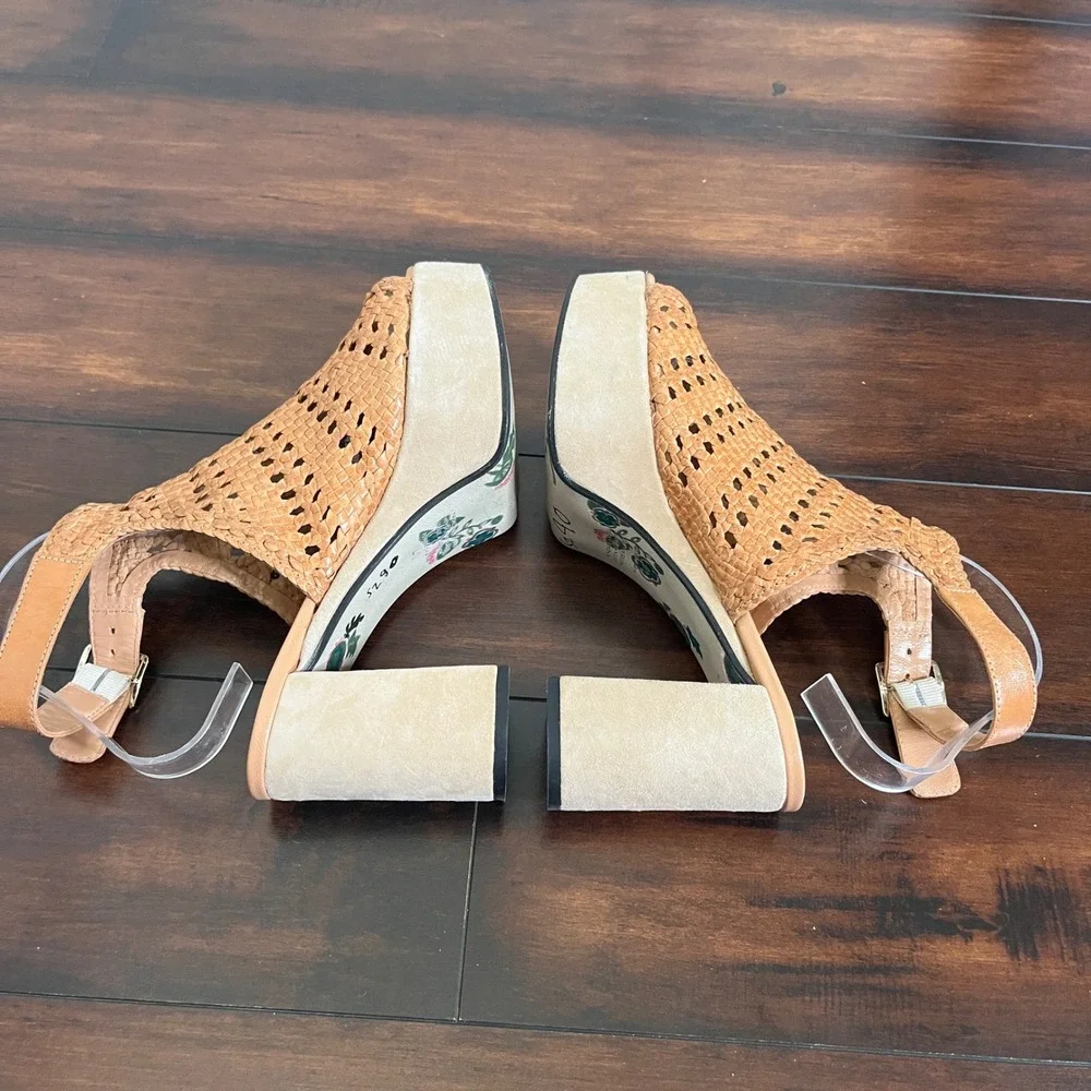 Pons Quintana Women Tan Woven Leather Chunky Platform Block Heel Sandals Size 40